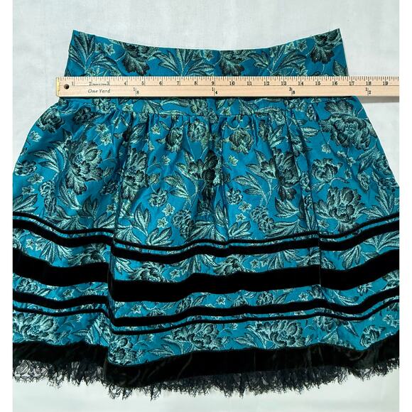 Nanette Lepore Skirt Teal Blue w/ Gold Thread Floral Skirt Size 4 - Picture 7 of 8